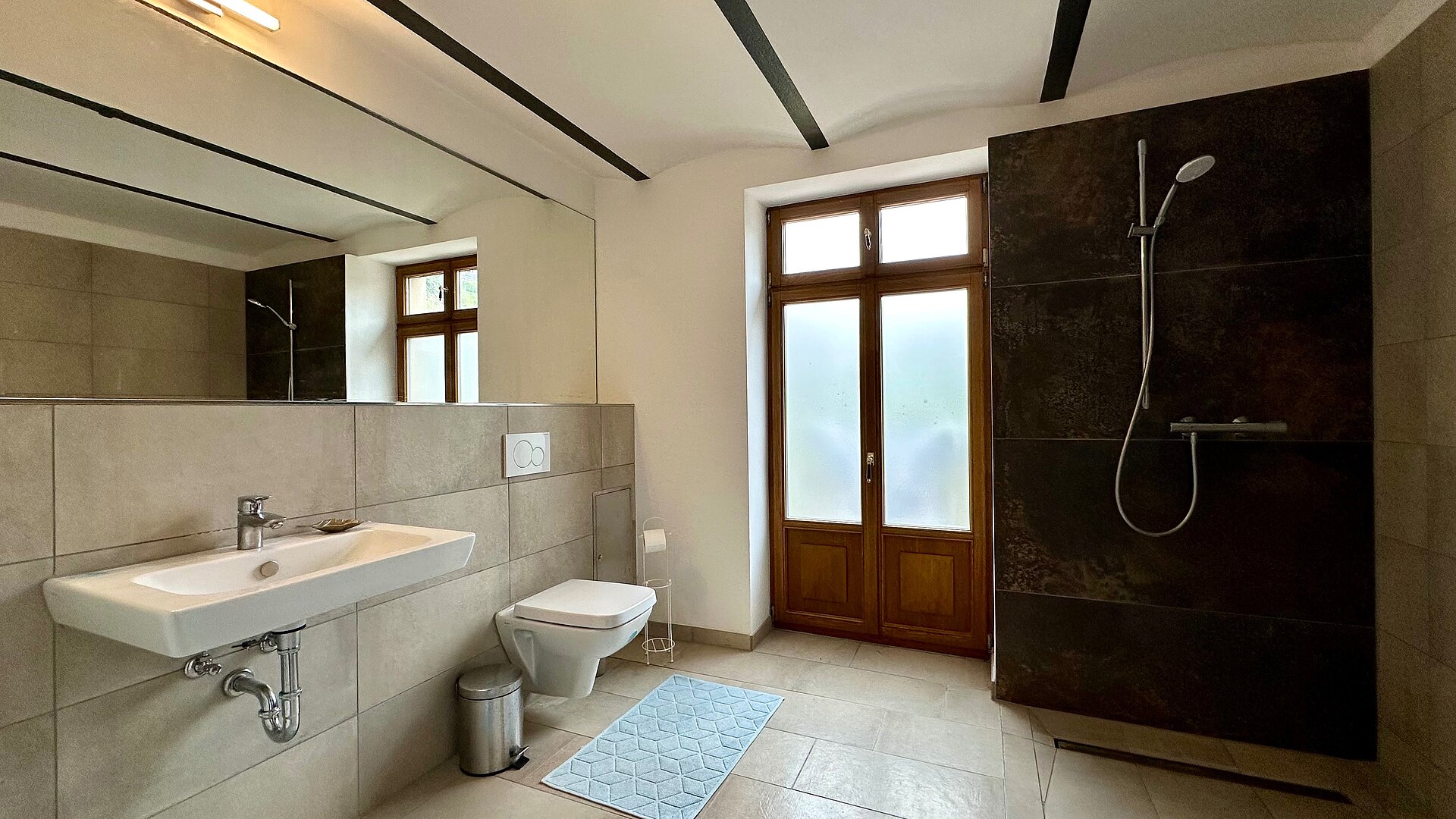 Tageslicht-Badezimmer mit großer Walk-in-Dusche